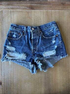 Levi's 501 Dark Blue Ripped High-Rise Denim Shorts